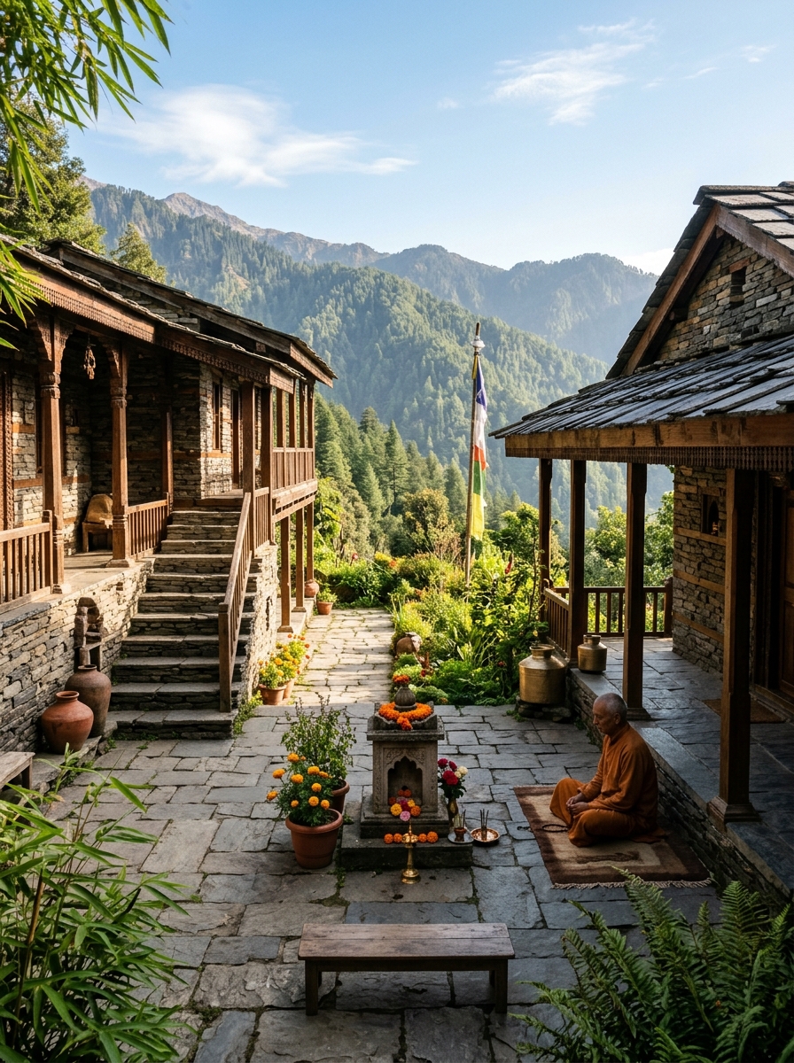 A tranquil stone ashram courtyard in Himalayan quietude